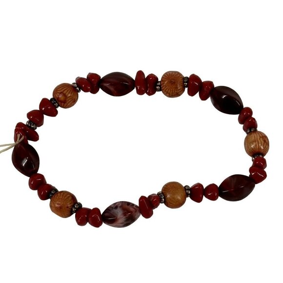 Red Orange Beaded Stone Glass Look  Elastic Bracelet - Picture 1 of 3